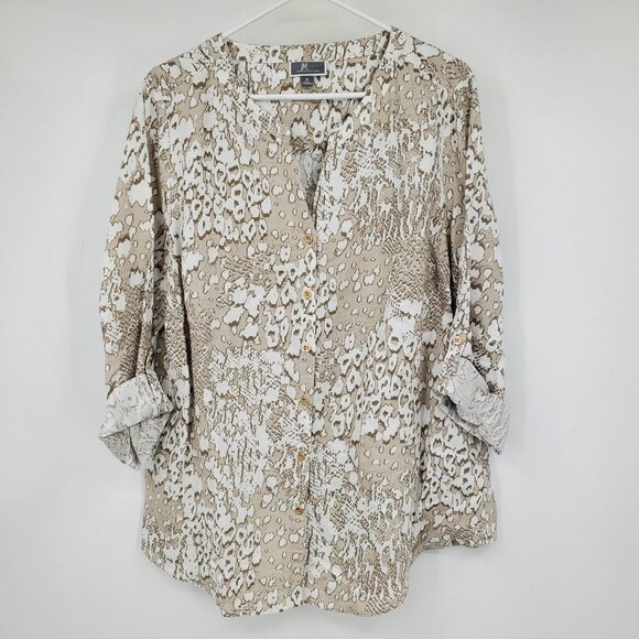 JM Collection Linen Blend Animal Reptile Print Gold Button Blouse Shirt Top XL - Picture 1 of 8